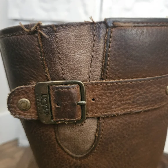 Ugg Kensington Brown Leather Moto Boots Sheepskin Lining Mid Calf Buckle Detail - Picture 4 of 16